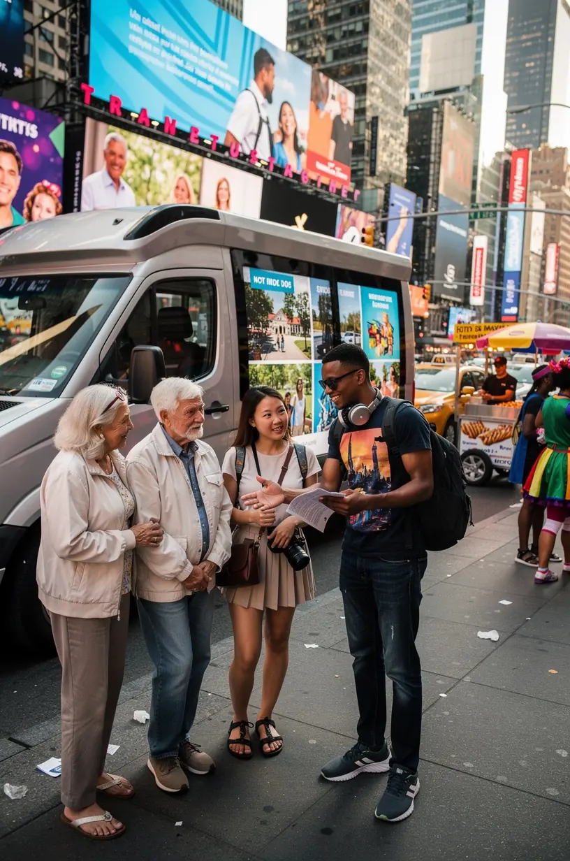 Переоборудованный микроавтобус у туристического центра на популярном месте в США с вывесками туров и билетов.